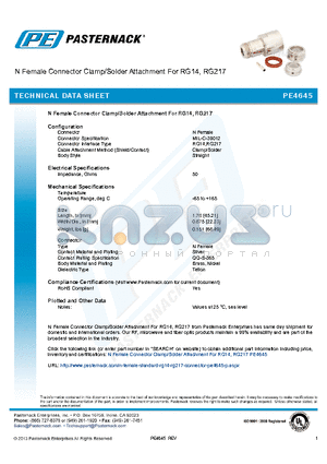 PE4645 datasheet - N Female Connector Clamp/Solder Attachment For RG14, RG217