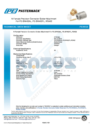 PE4652 datasheet - N Female Precision Connector Solder Attachment For PE-SR402AL, PE-SR402FL, RG402