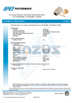 PE4653 datasheet - N Female Precision Connector Solder Attachment For PE-SR405AL, PE-SR405FL, RG405