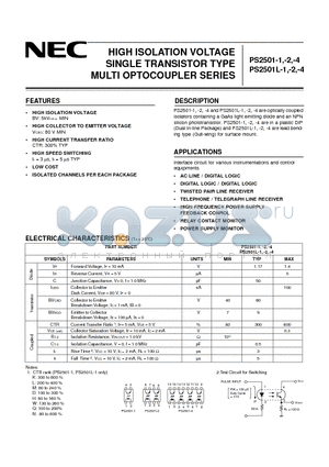 PS2501-1 datasheet - HIGH ISOLATION VOLTAGE SINGLE TRANSISTOR TYPE MULTI PHOTOCOUPLER SERIES