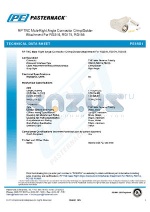 PE4681 datasheet - RP TNC Male Right Angle Connector Crimp/Solder Attachment For RG316, RG174, RG188