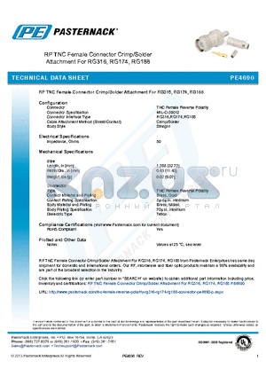 PE4690 datasheet - RP TNC Female Connector Crimp/Solder Attachment For RG316, RG174, RG188