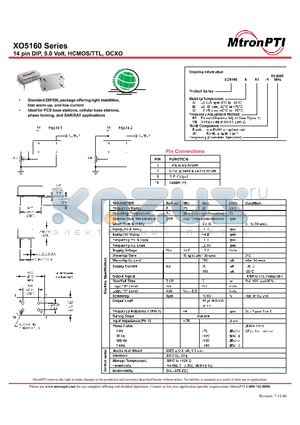 X05160BV5-R datasheet - 14 pin DIP, 5.0 Volt, HCMOS/TTL, OCXO