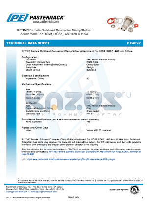 PE4697 datasheet - RP TNC Female Bulkhead Connector Clamp/Solder Attachment For RG59, RG62, .480 inch D Hole