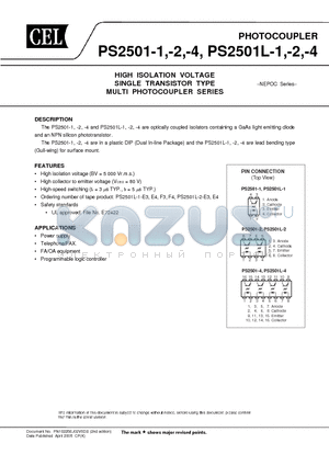 PS2501-2-A datasheet - HIGH ISOLATION VOLTAGE SINGLE TRANSISTOR TYPE MULTI PHOTOCOUPLER SERIES