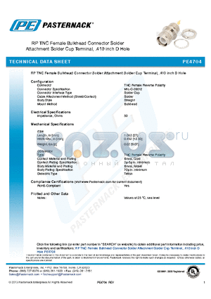 PE4704 datasheet - RP TNC Female Bulkhead Connector Solder Attachment Solder Cup Terminal, .410 inch D Hole