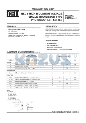 PS2501A datasheet - NECs HIGH ISOLATION VOLTAGE SINGLE TRANSISTOR TYPE PHOTOCOUPLER SERIES