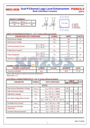 P06B03LV datasheet - Dual P-Channel Logic Level Enhancement Mode Field Effect Transistor