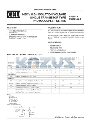 PS2501AL-1 datasheet - NECs HIGH ISOLATION VOLTAGE SINGLE TRANSISTOR TYPE PHOTOCOUPLER SERIES