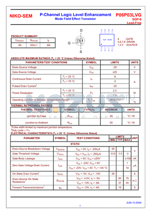 P06P03LVG datasheet - P-Channel Logic Level Enhancement Mode Field Effect Transistor