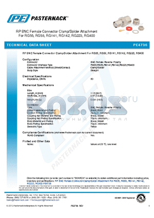 PE4736 datasheet - RP BNC Female Connector Clamp/Solder Attachment For RG55, RG58, RG141, RG142, RG223, RG400