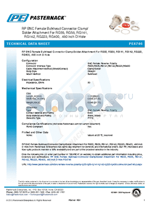 PE4746 datasheet - RP BNC Female Bulkhead Connector Clamp/ Solder Attachment For RG55, RG58, RG141RG142, RG223, RG400, .480 inch D Hole