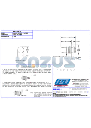 PE4751 datasheet - REVERSE POLARITY BNC FEMALE BULKHEAD CLAMP ATTAHCHMENT FOR RG174 RG188 &RG316