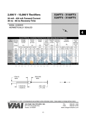 X100FF3 datasheet - 2,000 V - 15,000 V Rectifiers 50 mA - 420 mA Forward Current 30 ns - 50 ns Recovery Time