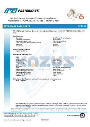 PE4752 datasheet - RP BNC Female Bulkhead Connector Crimp/Solder Attachment For RG174, RG316, RG188, .480 inch D Hole