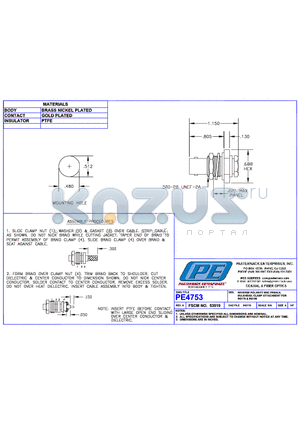 PE4753 datasheet - REVERSE POLARITY BNC FEMALE BULKHEAD CLAMP ATTACHMENT FOR RG178 &RG196