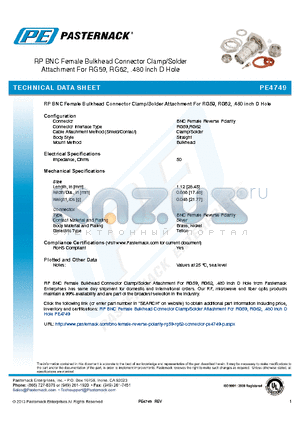 PE4749 datasheet - RP BNC Female Bulkhead Connector Clamp/Solder Attachment For RG59, RG62, .480 inch D Hole