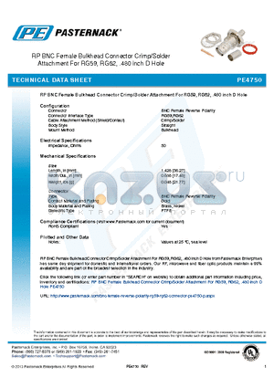 PE4750 datasheet - RP BNC Female Bulkhead Connector Crimp/Solder Attachment For RG59, RG62, .480 inch D Hole