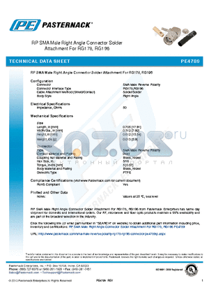 PE4789 datasheet - RP SMA Male Right Angle Connector Solder Attachment For RG178, RG196