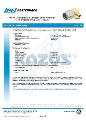 PE4791 datasheet - RP SMA Male Right Angle Connector Solder Attachment For PE-SR405AL, PE-SR405FL, RG405