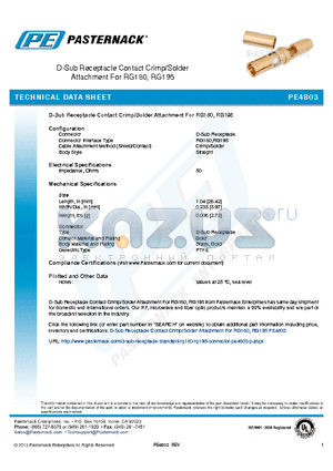 PE4803 datasheet - D-Sub Receptacle Contact Crimp/Solder Attachment For RG180, RG195