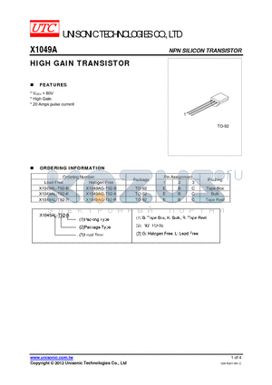 X1049AL-T92-B datasheet - HIGH GAIN TRANSISTOR