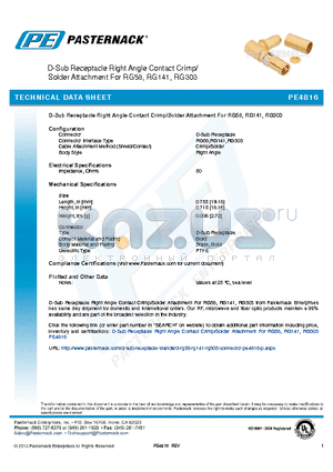 PE4816 datasheet - D-Sub Receptacle Right Angle Contact Crimp/ Solder Attachment For RG58, RG141, RG303