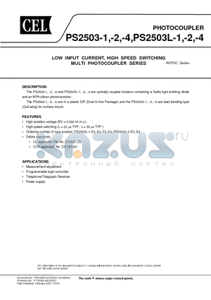 PS2503L-1-F3 datasheet - LOW INPUT CURRENT, HIGH SPEED SWITCHING MULTI PHOTOCOUPLER SERIES