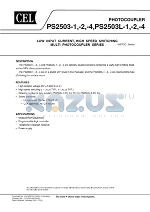 PS2503L-1 datasheet - LOW INPUT CURRENT, HIGH SPEED SWITCHING MULTI PHOTOCOUPLER SERIES