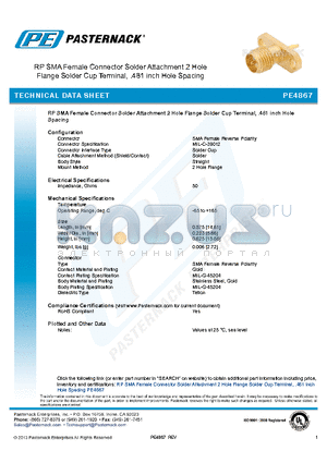 PE4867 datasheet - RP SMA Female Connector Solder Attachment 2 Hole Flange Solder Cup Terminal, .481 inch Hole Spacing