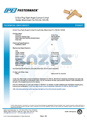 PE4827 datasheet - D-Sub Plug Right Angle Contact Crimp/ Solder Attachment For RG180, RG195