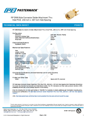 PE4873 datasheet - RP SMA Male Connector Solder Attachment Thru Hole PCB, .200 inch x .067 inch Hole Spacing