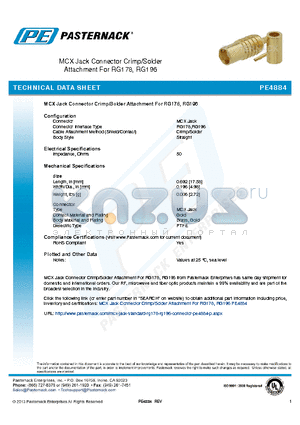 PE4884 datasheet - MCX Jack Connector Crimp/Solder Attachment For RG178, RG196