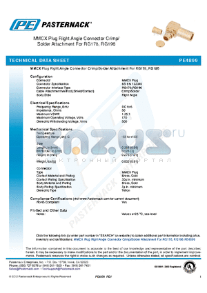 PE4899 datasheet - MMCX Plug Right Angle Connector Crimp/ Solder Attachment For RG178, RG196