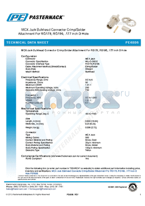 PE4886 datasheet - MCX Jack Bulkhead Connector Crimp/Solder Attachment For RG178, RG196, .177 inch D Hole