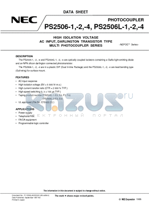 PS2506-2 datasheet - HIGH ISOLATION VOLTAGE AC INPUT, DARLINGTON TRANSISTOR TYPE MULTI PHOTOCOUPLER SERIES