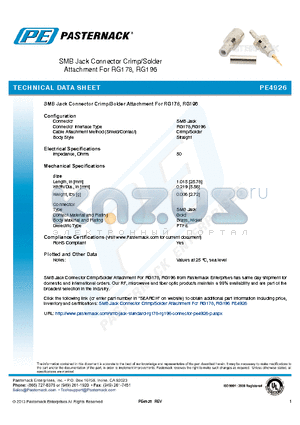 PE4926 datasheet - SMB Jack Connector Crimp/Solder Attachment For RG178, RG196