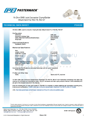 PE4928 datasheet - 75 Ohm SMB Jack Connector Clamp/Solder Attachment For RG179, RG187