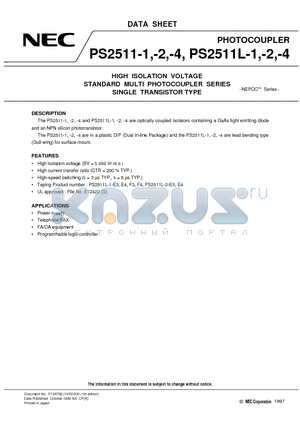 PS2511-2 datasheet - HIGH ISOLATION VOLTAGE STANDARD MULTI PHOTOCOUPLER SERIES SINGLE TRANSISTOR TYPE