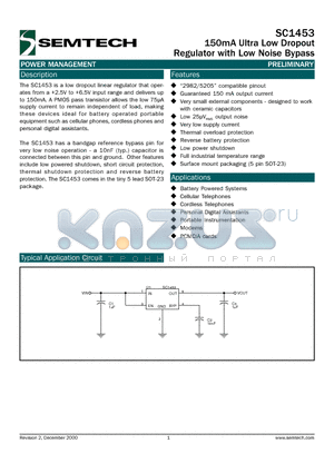 SC1453-1.8ISKTR datasheet - 150mA Ultra Low Dropout Regulator with Low Noise Bypass