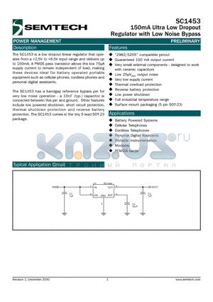 SC1453 datasheet - 150mA Ultra Low Dropout Regulator with Low Noise Bypass