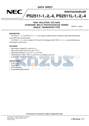 PS2511L-2-E3 datasheet - HIGH ISOLATION VOLTAGE STANDARD MULTI PHOTOCOUPLER SERIES SINGLE TRANSISTOR TYPE
