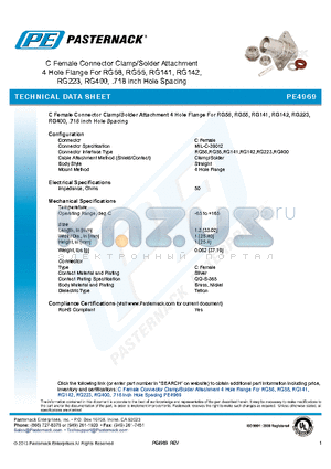 PE4969 datasheet - C Female Connector Clamp/Solder Attachment 4 Hole Flange For RG58, RG55, RG141, RG142,RG223, RG400, .718 inch Hole Spacing