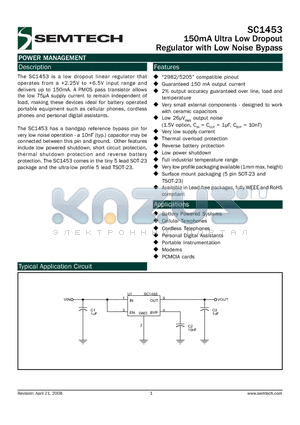 SC1453 datasheet - 150mA Ultra Low Dropout Regulator with Low Noise Bypass