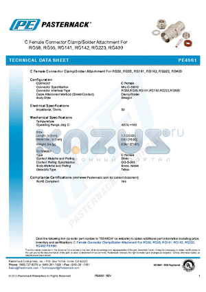 PE4961 datasheet - C Female Connector Clamp/Solder Attachment For RG58, RG55, RG141, RG142, RG223, RG400