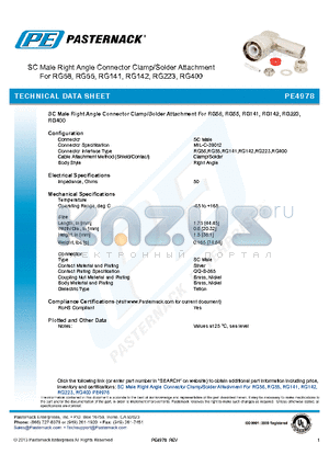 PE4978 datasheet - SC Male Right Angle Connector Clamp/Solder Attachment For RG58, RG55, RG141, RG142, RG223, RG400