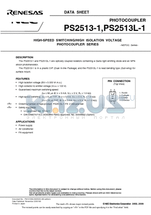 PS2513-1 datasheet - HIGH-SPEED SWITCHING/HIGH ISOLATION VOLTAGE PHOTOCOUPLER SERIES