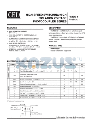 PS2513L-1 datasheet - HIGH-SPEED SWITCHING/HIGH ISOLATION VOLTAGE PHOTOCOUPLER SERIES