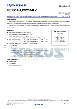 PS2514L-1-F3 datasheet - HIGH-SPEED SWITCHING/HIGH ISOLATION VOLTAGE PHOTOCOUPLER SERIES