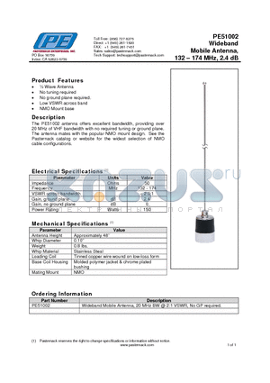 PE51002 datasheet - Wideband Mobile Antenna, 132 . 174 MHz, 2.4 dB